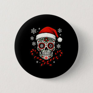 Christmas Sugar Calavera Skull Santa Hat Candy Can 2 Inch Round Button