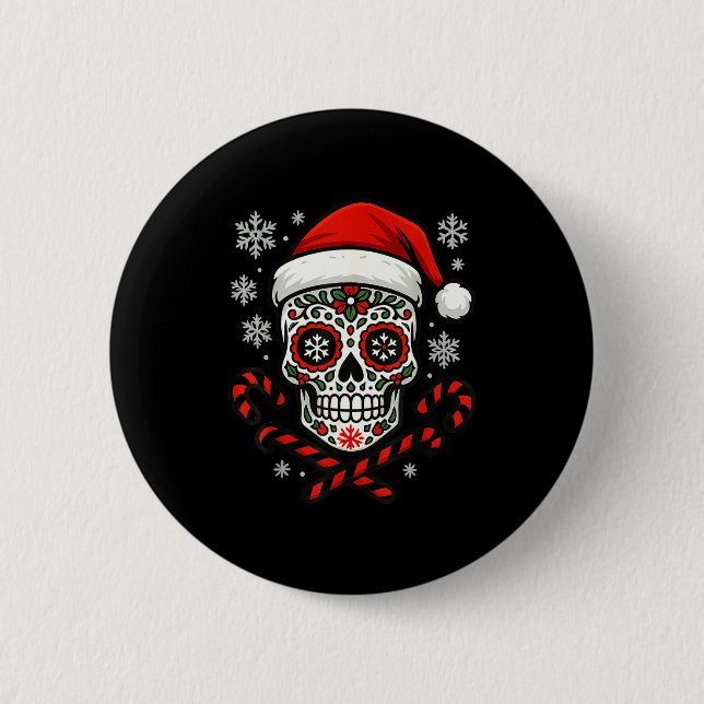 Christmas Sugar Calavera Skull Santa Hat Candy Can 2 Inch Round Button (Front)