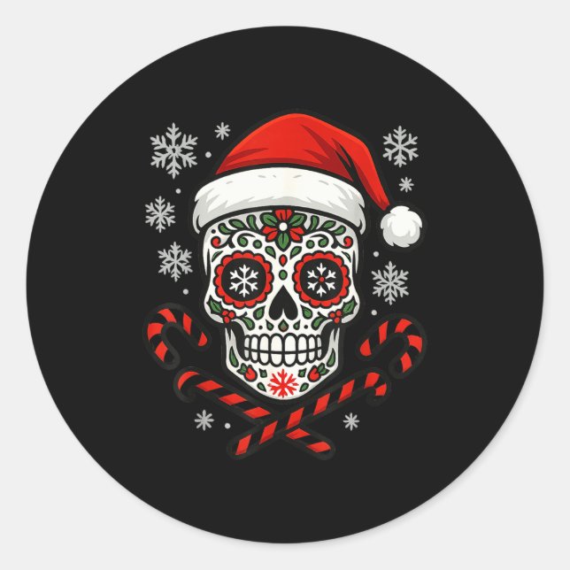 Christmas Sugar Calavera Skull Santa Hat Candy Can Classic Round Sticker (Front)