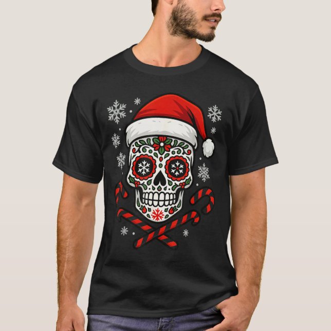 Christmas Sugar Calavera Skull Santa Hat Candy Can T-Shirt (Front)