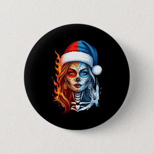 Christmas Sugar Skull Art Woman Santa Hat Fantasy 2 Inch Round Button