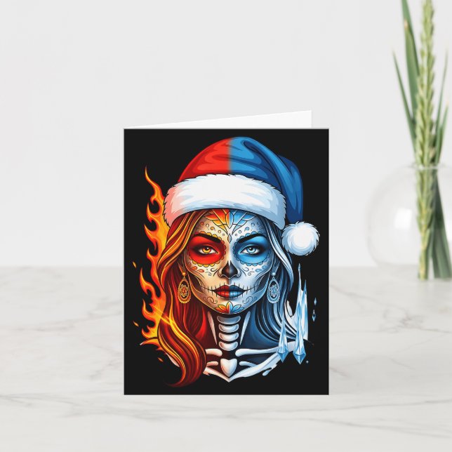 Christmas Sugar Skull Art Woman Santa Hat Fantasy  Card (Front)
