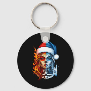 Christmas Sugar Skull Art Woman Santa Hat Fantasy  Keychain