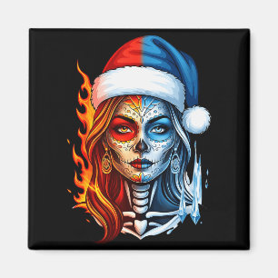 Christmas Sugar Skull Art Woman Santa Hat Fantasy Magnet
