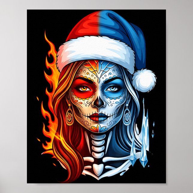Christmas Sugar Skull Art Woman Santa Hat Fantasy  Poster (Front)