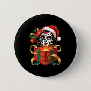 Christmas Sugar Skull Art Woman Santa Hat Festive 2 Inch Round Button