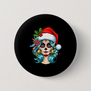 Christmas Sugar Skull Art Woman Santa Hat Festive  2 Inch Round Button