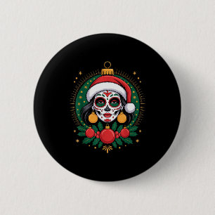 Christmas Sugar Skull Art Woman Santa Hat Festive  2 Inch Round Button