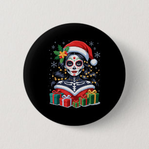 Christmas Sugar Skull Art Woman Santa Hat Festive 2 Inch Round Button