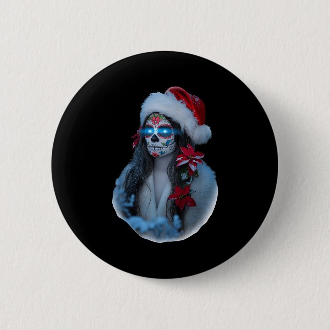 Christmas Sugar Skull Art Woman Santa Hat Festive  2 Inch Round Button (Front)