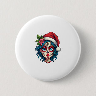 Christmas Sugar Skull Art Woman Santa Hat Festive 2 Inch Round Button