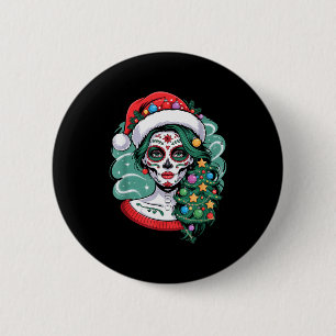 Christmas Sugar Skull Art Woman Santa Hat Festive 2 Inch Round Button