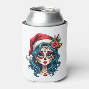 Christmas Sugar Skull Art Woman Santa Hat Festive  Can Cooler