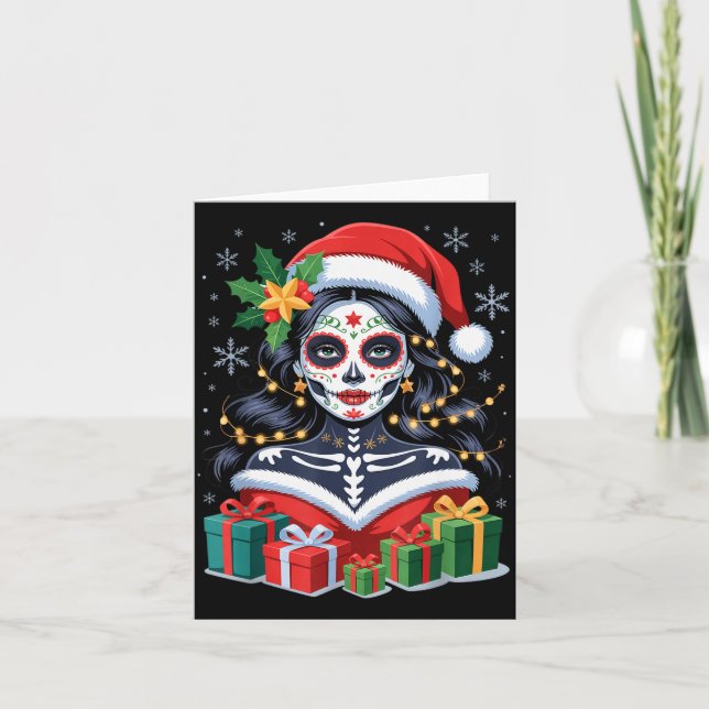 Christmas Sugar Skull Art Woman Santa Hat Festive  Card (Front)