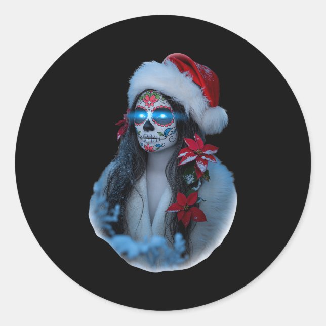 Christmas Sugar Skull Art Woman Santa Hat Festive  Classic Round Sticker (Front)