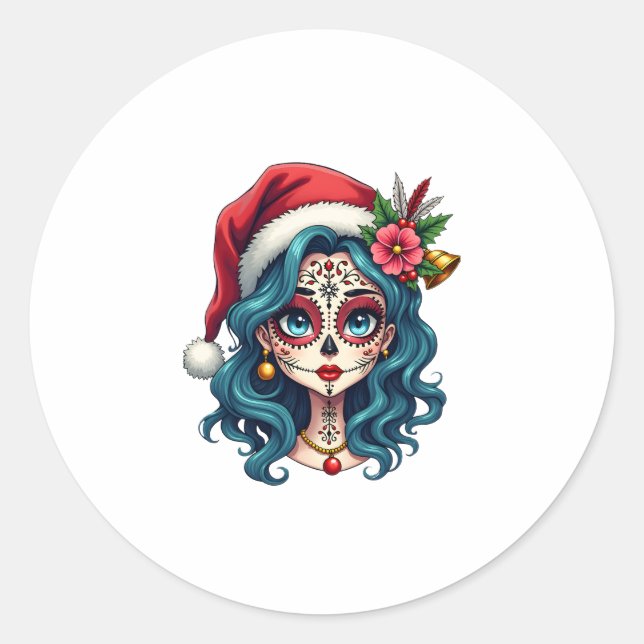 Christmas Sugar Skull Art Woman Santa Hat Festive  Classic Round Sticker (Front)