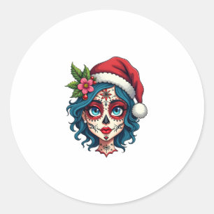 Christmas Sugar Skull Art Woman Santa Hat Festive  Classic Round Sticker