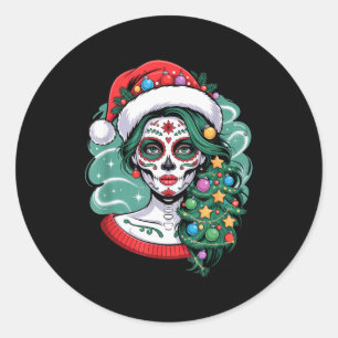 Christmas Sugar Skull Art Woman Santa Hat Festive  Classic Round Sticker