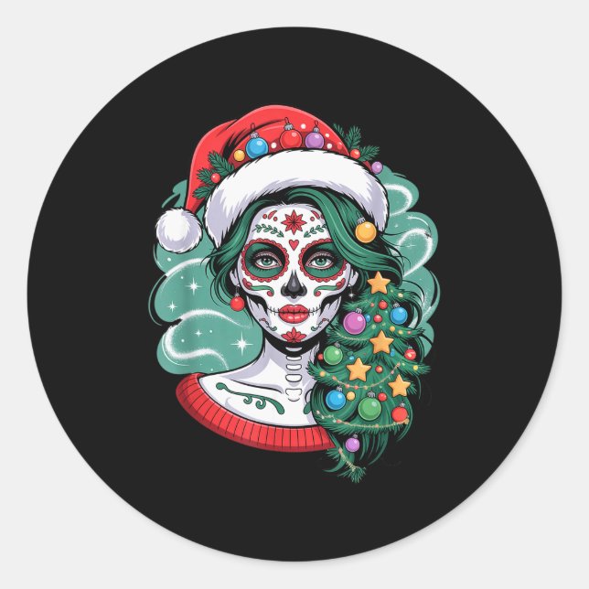 Christmas Sugar Skull Art Woman Santa Hat Festive  Classic Round Sticker (Front)