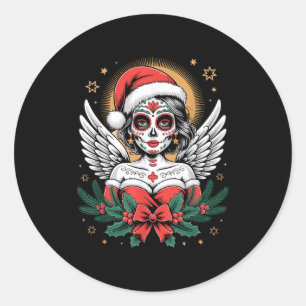 Christmas Sugar Skull Art Woman Santa Hat Festive  Classic Round Sticker
