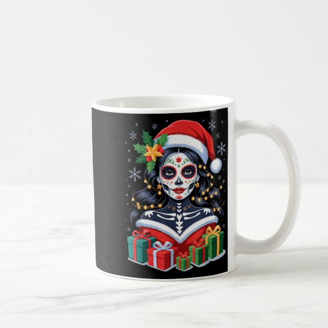 Christmas Sugar Skull Art Woman Santa Hat Festive  Coffee Mug (Right)