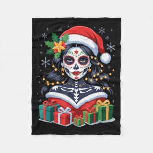 Christmas Sugar Skull Art Woman Santa Hat Festive  Fleece Blanket