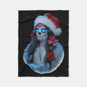 Christmas Sugar Skull Art Woman Santa Hat Festive  Fleece Blanket