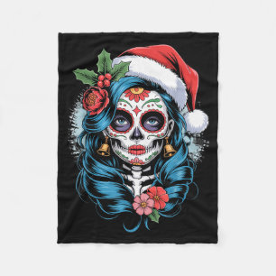 Christmas Sugar Skull Art Woman Santa Hat Festive  Fleece Blanket