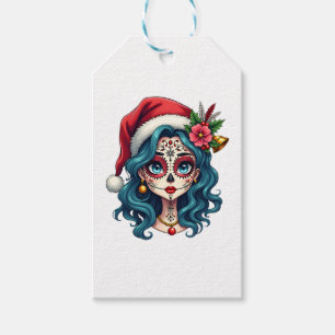 Christmas Sugar Skull Art Woman Santa Hat Festive  Gift Tags