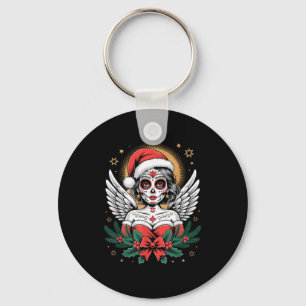 Christmas Sugar Skull Art Woman Santa Hat Festive Keychain