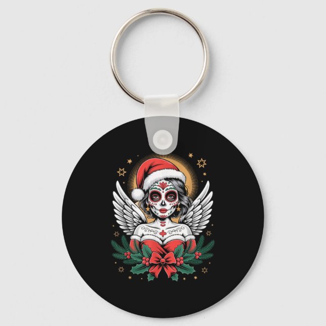 Christmas Sugar Skull Art Woman Santa Hat Festive  Keychain (Front)