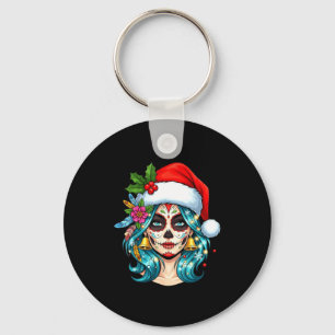 Christmas Sugar Skull Art Woman Santa Hat Festive  Keychain