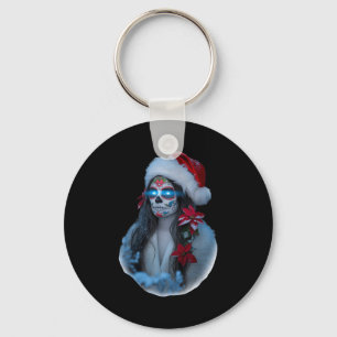Christmas Sugar Skull Art Woman Santa Hat Festive  Keychain