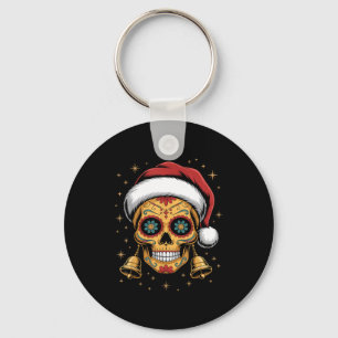Christmas Sugar Skull Art Woman Santa Hat Festive Keychain