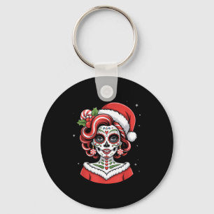 Christmas Sugar Skull Art Woman Santa Hat Festive Keychain