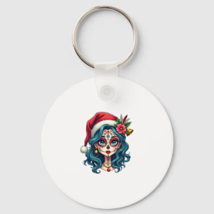Christmas Sugar Skull Art Woman Santa Hat Festive Keychain