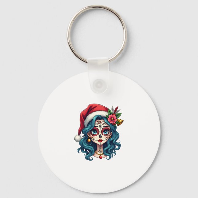 Christmas Sugar Skull Art Woman Santa Hat Festive  Keychain (Front)