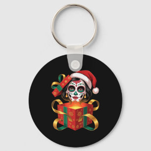Christmas Sugar Skull Art Woman Santa Hat Festive Keychain