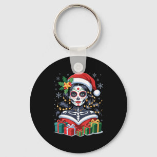 Christmas Sugar Skull Art Woman Santa Hat Festive Keychain