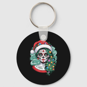Christmas Sugar Skull Art Woman Santa Hat Festive Keychain