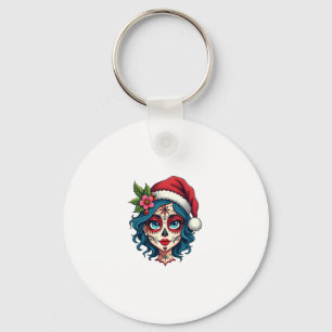 Christmas Sugar Skull Art Woman Santa Hat Festive Keychain