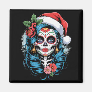Christmas Sugar Skull Art Woman Santa Hat Festive Magnet