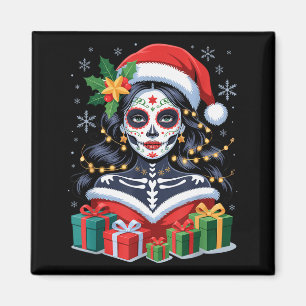 Christmas Sugar Skull Art Woman Santa Hat Festive Magnet