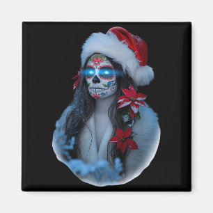 Christmas Sugar Skull Art Woman Santa Hat Festive Magnet
