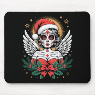 Christmas Sugar Skull Art Woman Santa Hat Festive Mouse Pad