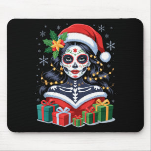 Christmas Sugar Skull Art Woman Santa Hat Festive Mouse Pad