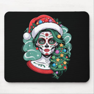 Christmas Sugar Skull Art Woman Santa Hat Festive Mouse Pad