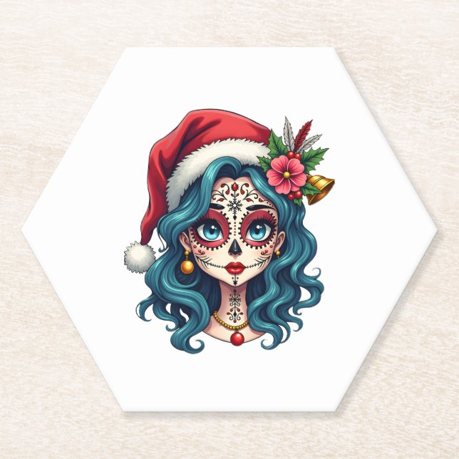 Christmas Sugar Skull Art Woman Santa Hat Festive  Paper Coaster (Front)