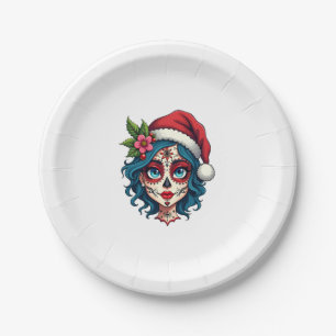 Christmas Sugar Skull Art Woman Santa Hat Festive Paper Plate
