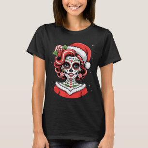 Christmas Sugar Skull Art Woman Santa Hat Festive  T-Shirt